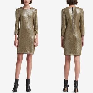 DKNY Gold Sequin Cocktail Party Dress Size 10 Sheath 3/4 Sleeve